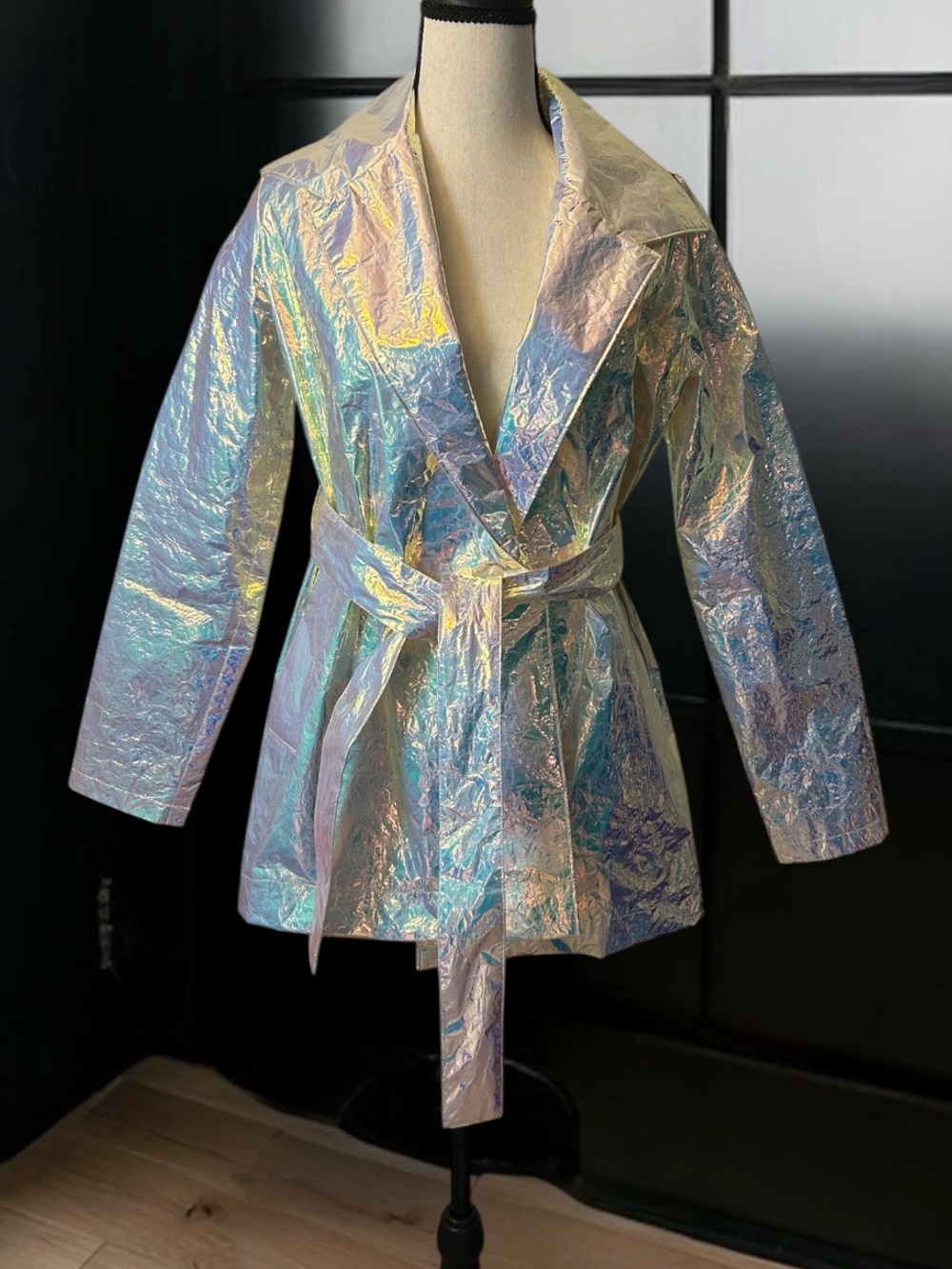 Current Mood Iridescent Holographic Unicorn Crinkle-Textured Jacket Belted Small